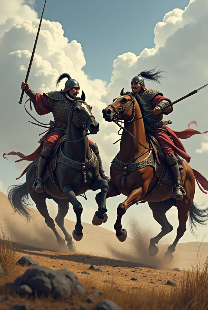 Create an image of two rival warriors in the time of the ancient Mongols who are seen fighting with their horses fighting in a battle 