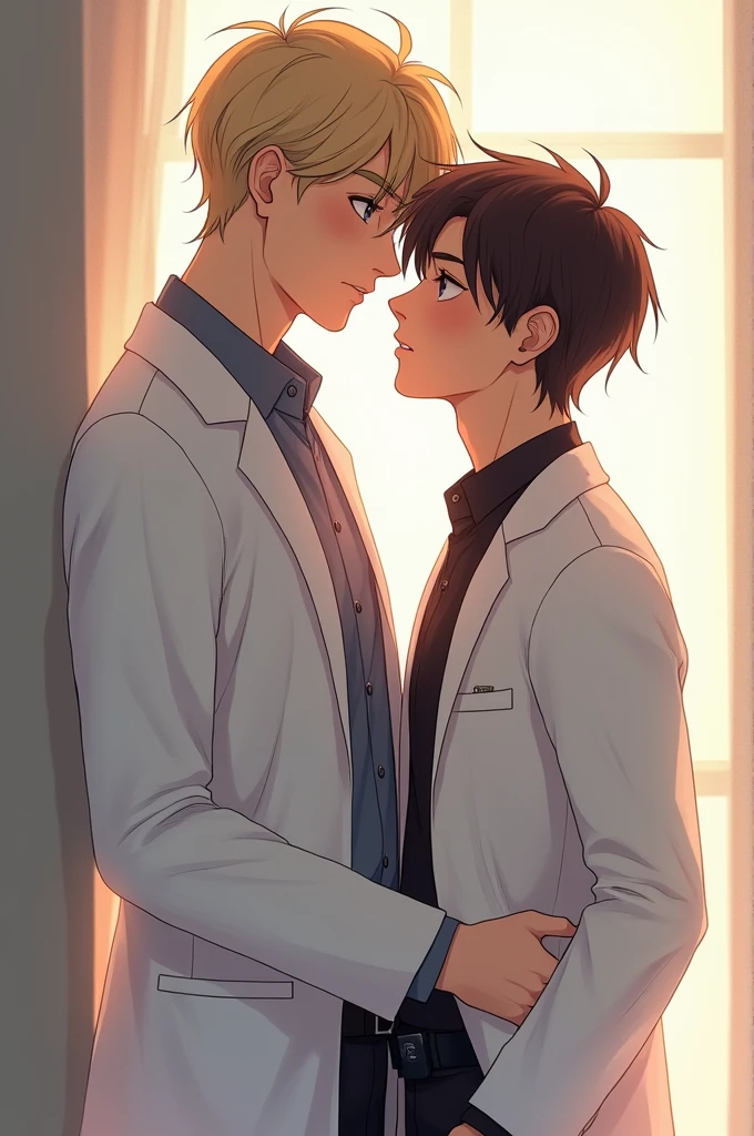 a blond boy, blue eyes and tall, He's a doctor. next to a shorter boy, offwhite, with dark brown eyes and chin-length black hair. it needs to look like they are dating.