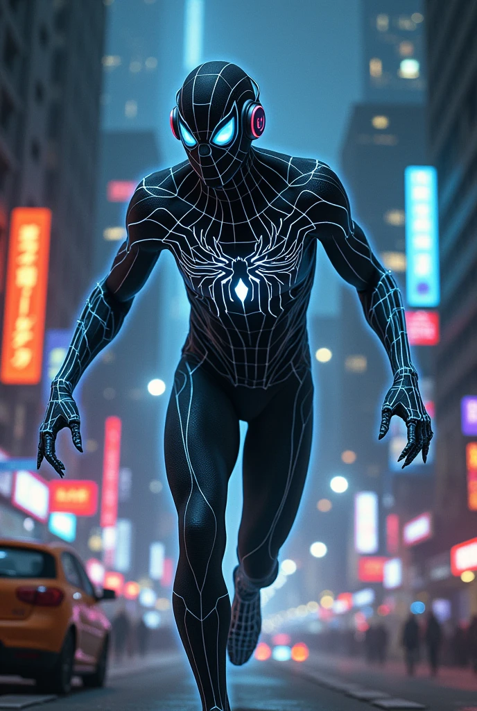 aggressive, spider man, black color with white shining lines, listens to music on headphones, at night in the city