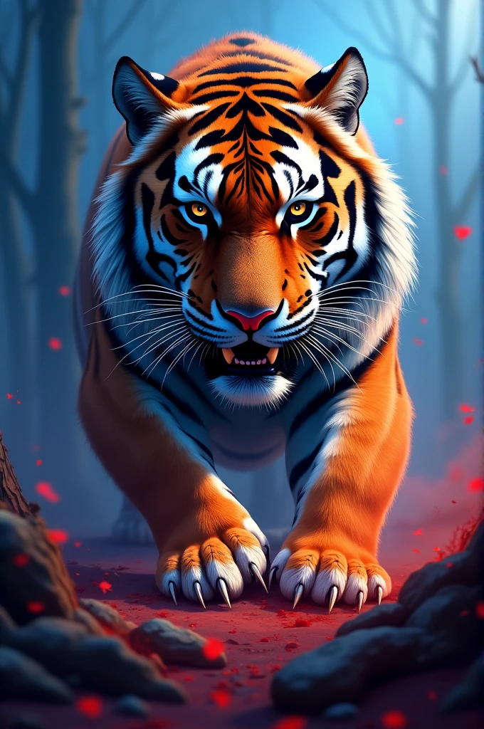Make a banner with a blue and red background with a Siberian tiger showing its claws