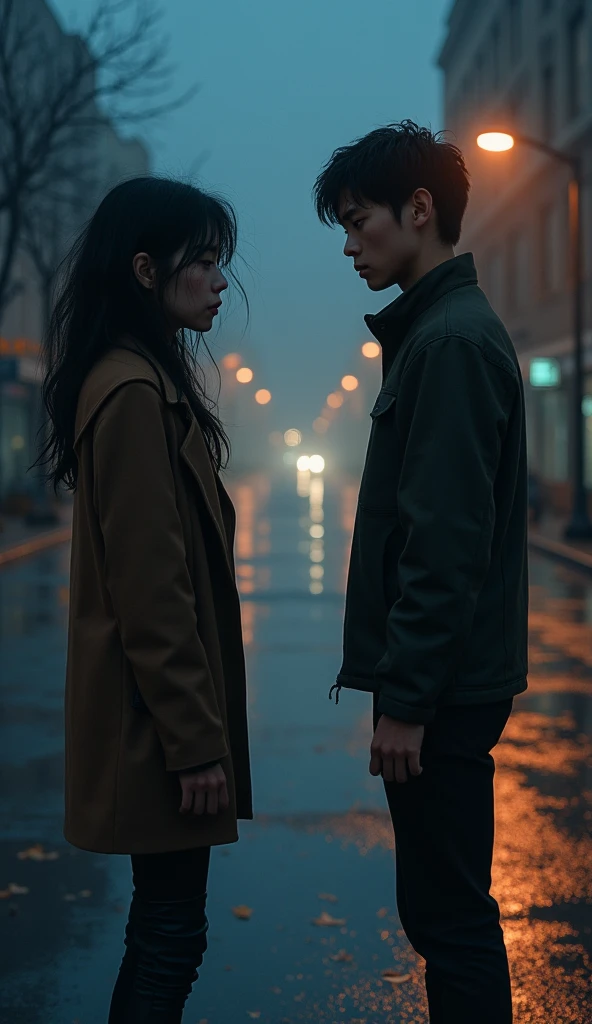 "At night, in the dim glow of streetlights, a young man and woman stand apart on a deserted street. The air is tense with sadness and the silence between them feels heavy. The woman's face is streaked with tears, her eyes red and pained, while the man looks away, his fists clenched, struggling with his emotions. Both of them wear casual clothes, reflecting the remnants of what could have been a normal evening. A cold wind ruffles their hair as they stand amidst fallen autumn leaves scattered on the ground, with a city skyline faintly visible in the distance, blurred by the mist of the night."