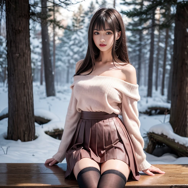 long skirt,skirt,Wearing a pink pleated skirt, Wear black stockings,(knee shot), 1 woman, On the face, light brown hair, blunt bangs, hair behind ears, Hair over the shoulders, long hair, Slender body type, Super thin face, face slimming, delicate lips, beautiful eyes, Thin blush, Eyes are light brown,Check it out here, (realistic:1.3), Coniferous forest, It's snowing .One person's perspective, 8k, On the table, , Super detailed, high quality, best quality, High resolution, ，Large Breasts，H CUP, off -shoulder top