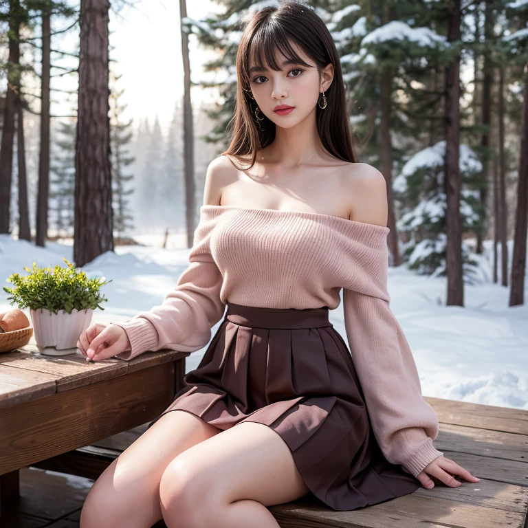 long skirt,skirt,Wearing a pink pleated skirt, Wear black stockings,(knee shot), 1 woman, On the face, light brown hair, blunt bangs, hair behind ears, Hair over the shoulders, long hair, Slender body type, Super thin face, face slimming, delicate lips, beautiful eyes, Thin blush, Eyes are light brown,Check it out here, (realistic:1.3), Coniferous forest, It's snowing .One person's perspective, 8k, On the table, , Super detailed, high quality, best quality, High resolution, ,Large Breasts,H CUP, off -shoulder top