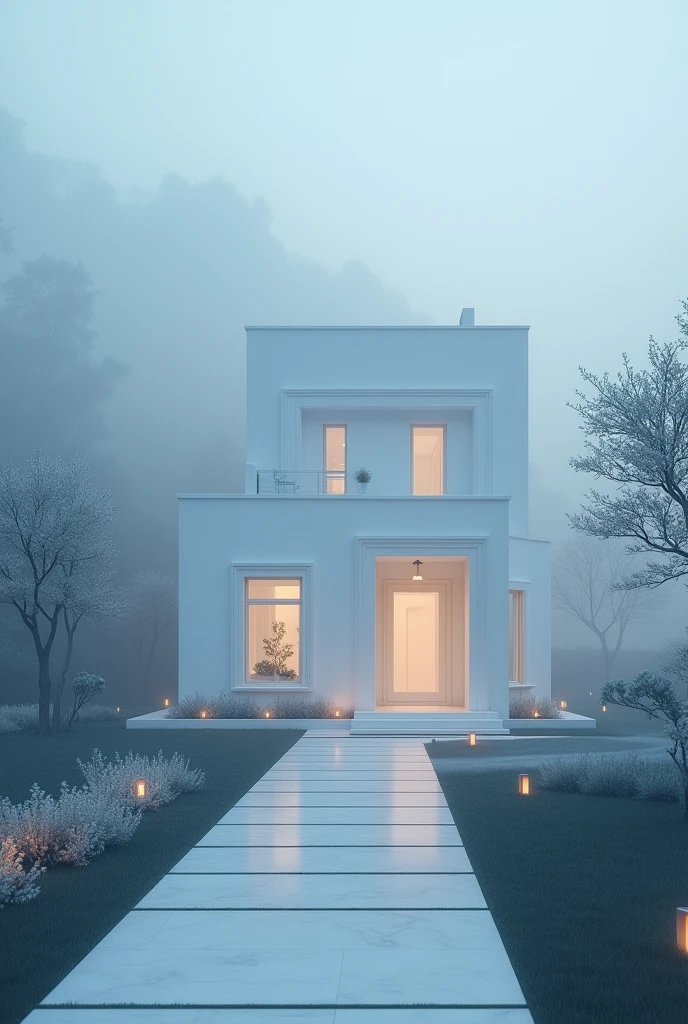 a white dreamy townhouse, foggy, soft focus, cool lighting, muted pastel colors, glowing atmosphere, dramatic shadows, cinematic composition, dream-like quality, ethereal, romantic, soft focus photography, blue hour, midnight, windy, silver white marble, whimsical, hazy, ethereal, hazy