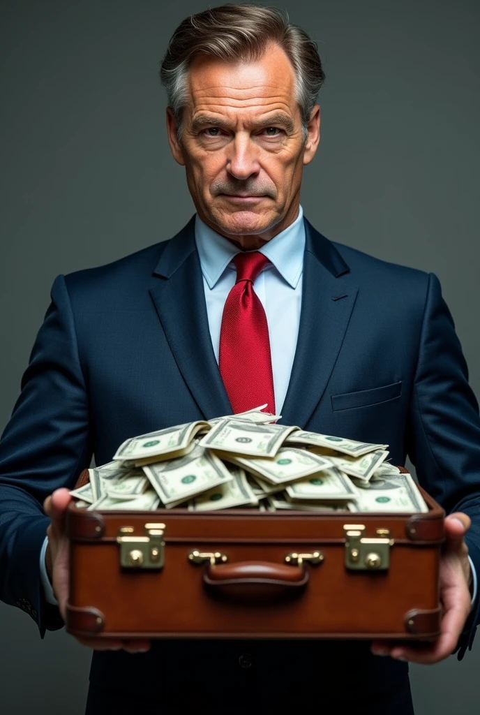 man in dark blue suit with red tie and short light brown hair, 40 year old businessman holding a suitcase full of money 