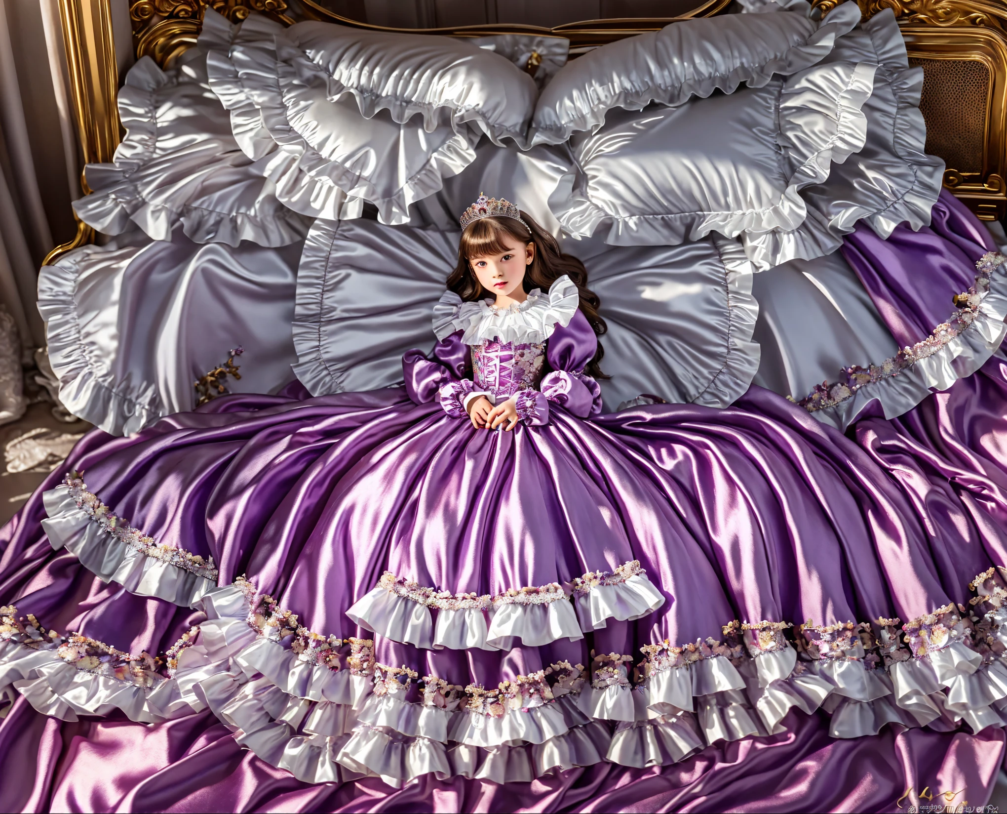 ,Highest quality, masterpiece, Highest Resolution, artwork, 3K realistic photo,,((10-year-old European girl)),Super detailed baby face,Both are princesses,detailed luxury tiara,Full-length ball gown dress with hoop skirt,Frilled yoke collar,Fine braided ribbons on the chest,Puff sleeves,Long sleeve,((Purple princess satin dress in a retro style、Lots of frills and ribbons。)),crazy'Colorful Fashion,Glossy silk satin dress,Soft and smooth purple silk satin fabric,luxury,Very long blonde hair,blue eyes,White skin European,((Inside the palace)),Gorgeous flowing dress,Fine white ruffles and lace,Drawers full of frills,,((((On the purple bed)))),On a luxurious canopy bed,On a huge wide purple bed,Purple pillow with lots of frills,purple silk satin curtains with luxurious ruffles and ribbons surround the bed.,Princess liyng on bed,Pillows piled up behind the princess,(((Both legs are completely hidden in the dress))),((((Round futon))),Detailed comforter,Detailed bed sheets,lie on the bed,((((Leaning against a mountain of purple pillows)))),