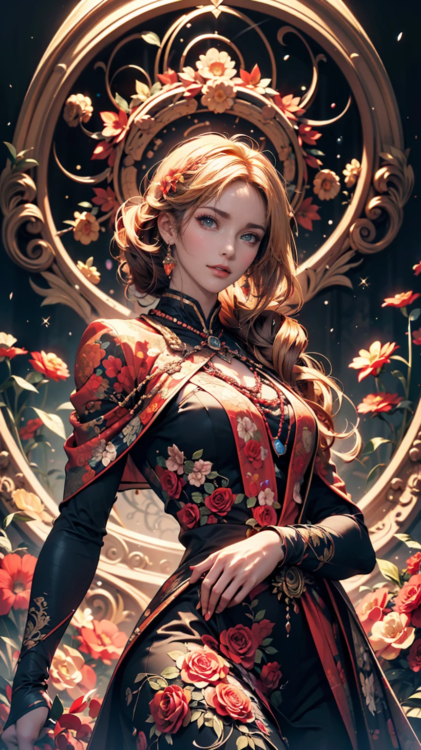 Official Art, unity 8k wallpaper, Super detailed, beautifully、aesthetic, masterpiece, Highest quality, (zenTangle, Mandala, Tangle, enTangle), (Fractal Art:1.3) , One person, Red flower,  Very detailed, Dynamic Angle, Cowboy Shot, The most beautiful form of chaos, elegant, Brutalist design, Vibrant colors, Romanticism, James Jean, Robbie Dowie Anton, Ross Tran, Francis Bacon, It was freezing cold, Adrian&#39;s genius, Petra Cortright, Gerhard Richter, takato yamamoto, Ashley Wood, Atmospheric