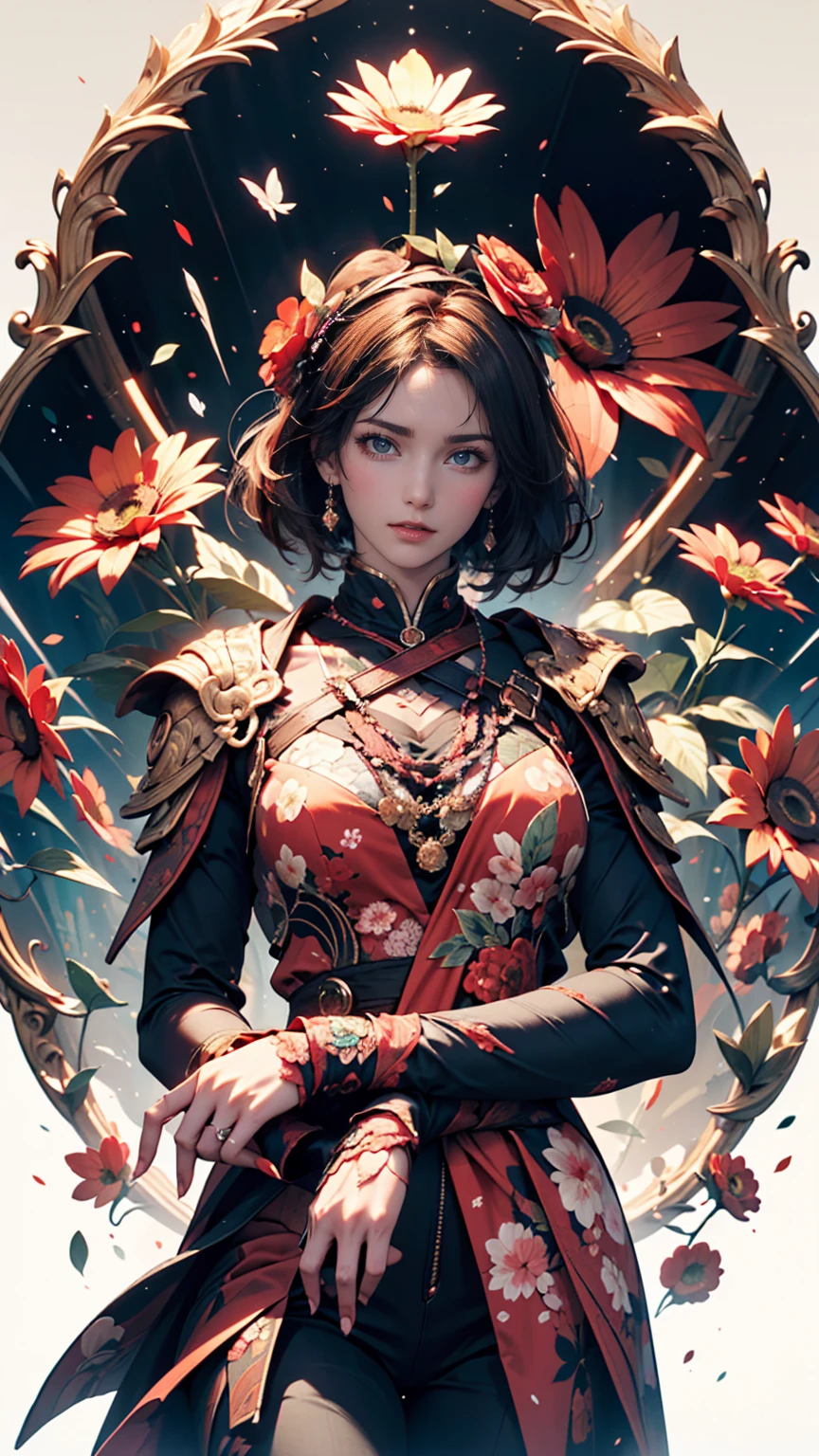 Official Art, unity 8k wallpaper, Super detailed, beautifully、aesthetic, masterpiece, Highest quality, (zenTangle, Mandala, Tangle, enTangle), (Fractal Art:1.3) , One person, Red flower,  Very detailed, Dynamic Angle, Cowboy Shot, The most beautiful form of chaos, elegant, Brutalist design, Vibrant colors, Romanticism, James Jean, Robbie Dowie Anton, Ross Tran, Francis Bacon, It was freezing cold, Adrian&#39;s genius, Petra Cortright, Gerhard Richter, takato yamamoto, Ashley Wood, Atmospheric