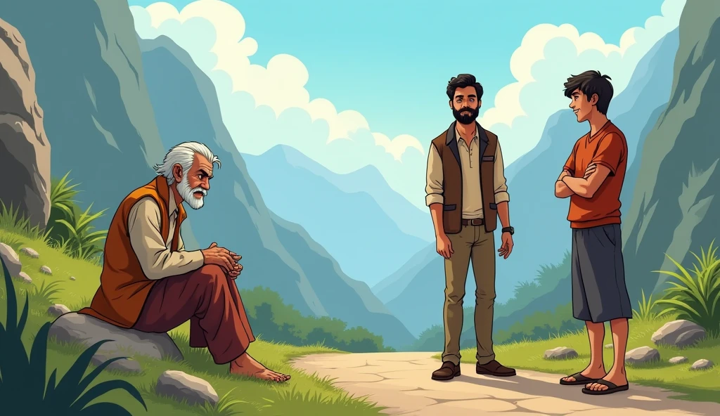 Encounter with the Old Man:"An elderly, weary man sitting by the side of the mountain path, looking exhausted. Preetam is shown helping the old man, offering him support, while Hari stands aside, arms crossed, looking uninterested and impatient."cartoon image.