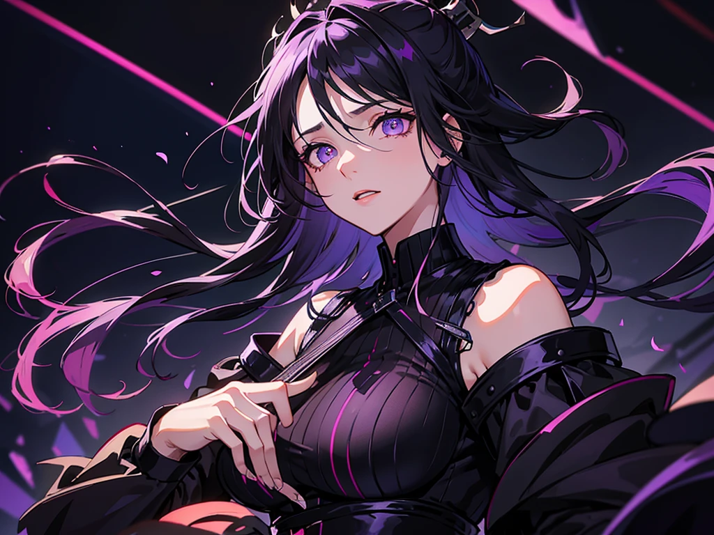 void fires, gothic stage, music stage, outside, dark night, just the stage, purple black hair, purple eyes, large breast, singing, perfect hands, perfect eyes, expressive eyes, four fingers, performing on stage