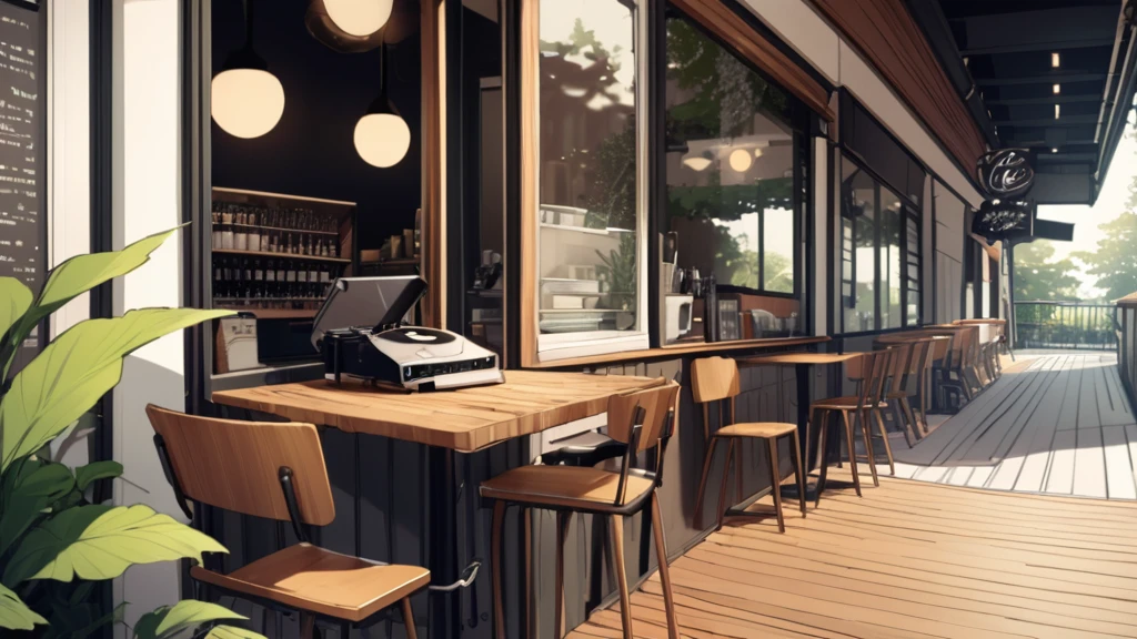 Stylish space A cafe with a warm wooden atmosphere Terrace seating along the road outside Tokyo A few tables Retro feel The record player is large. high resolution Iced coffee on the table