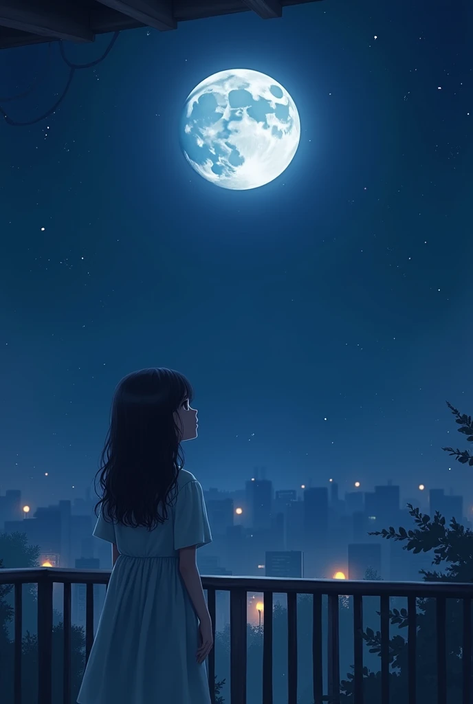 (photorealism:1.2), a girl standing in balcony at night and watching a full moon