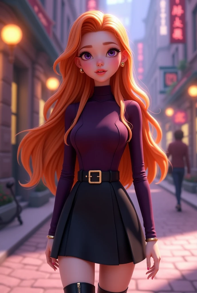A very beautiful fifteen-year-old girl with snow-white skin, She has long, wavy, bright light orange hair that is usually styled half up with two strands falling down her beautiful face.,She has almond-shaped eyes, a light lilac purple color., her face is heart-shaped and she has a small nose and salmon pink lips, He's wearing a stylish, dark purple, long-sleeved turtleneck shirt., She has a black dress skirt that comes just above her knee, around which she wears a black leather belt to make her outfit more glamorous, She's wearing tall black boots that reach her knees. ((3D style)) ((Reference Miraculos ladybug))