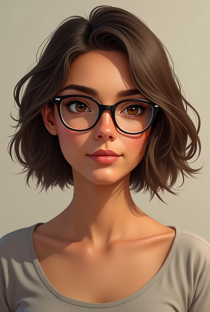 Brazilian woman short hair/medium straight loose brown layered, medium-sized brown eyes, with glasses, appears to have