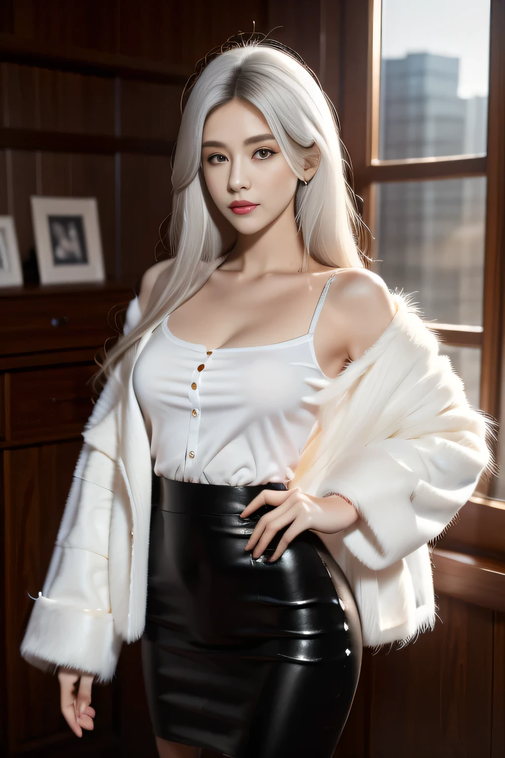 Reality, high resolution, 1. woman, Solitary, Hips up, beautiful eyes, Delicate face, White hair, Long hair, Collared shirt, black tie,Black skirt, Pencil Skirt, Fur coat, black