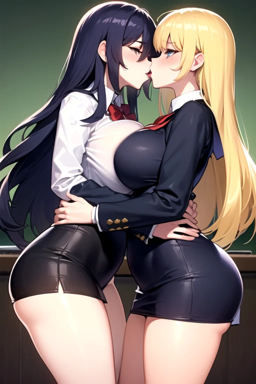 Lesbian (very long loose yellow hair)(big breasts, big thighs)(with school uniform clothes it is very tight) that he is kissing and touching his parts at school with his girlfriend(that they are in a very sexy and compromising position with their girlfriend(big breasts, big thighs)lesbian love