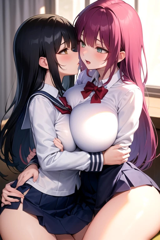 Lesbian (very long loose yellow hair)(big breasts, big thighs)(with school uniform clothes it is very tight) that he is kissing and touching his parts at school with his girlfriend(that they are in a very sexy and compromising position with their girlfriend(big breasts, big thighs)lesbian love