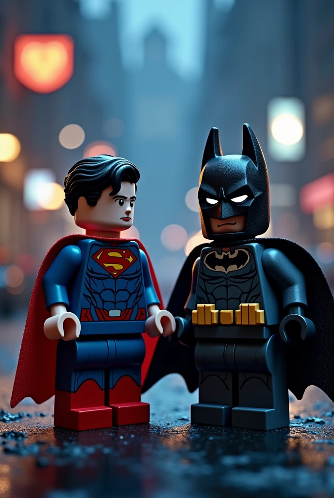 Superman and Batman in Lego art, at night.