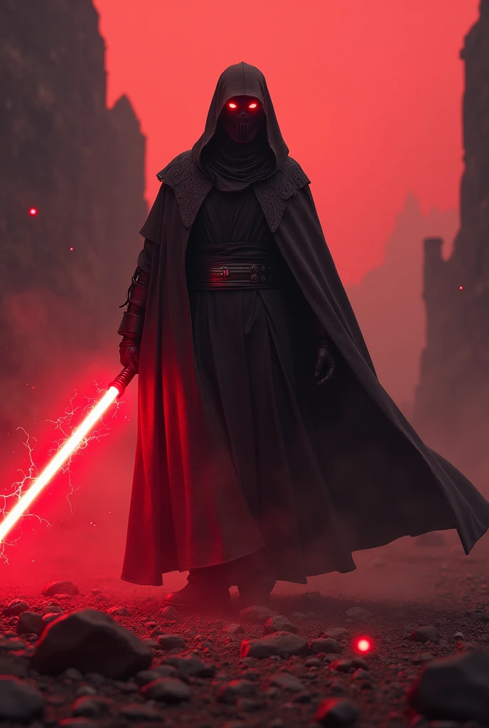The country china as a Sith Lord from Star Wars, colors of the flag (red, yellow), red lightsaber, scary, frightening, ultra-realistic