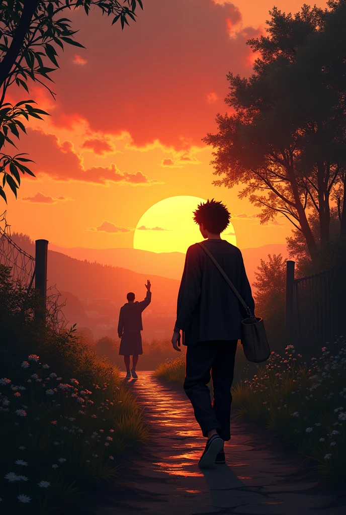 A sunset tinged with warm colors illuminates a small path that leads away from the village. Young man in black with a cloth bag on his shoulder walks away alone, his figure silhouetted against the red and orange sky. In the distance, You can see the silhouette of Mary, who watches him leave from afar, with one hand raised in a gesture of farewell. The atmosphere is melancholic, with the daylight fading as the wind gently moves the leaves of the trees. image is realistic