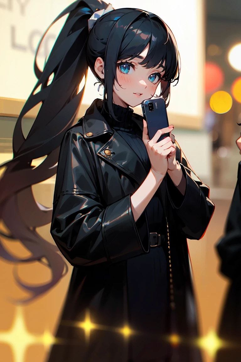 (masterpiece, best quality:1.3), highly detailed, (blurry foreground), 1girl, black hair, high ponytail, long hair, (bangs), (deep ocean eyes), (smiley), pretty lipsticks, (holding smartphone:1.2), looking at the phone, black leather long coat, late night street background, soft focus, ((bokeh)), absurdres