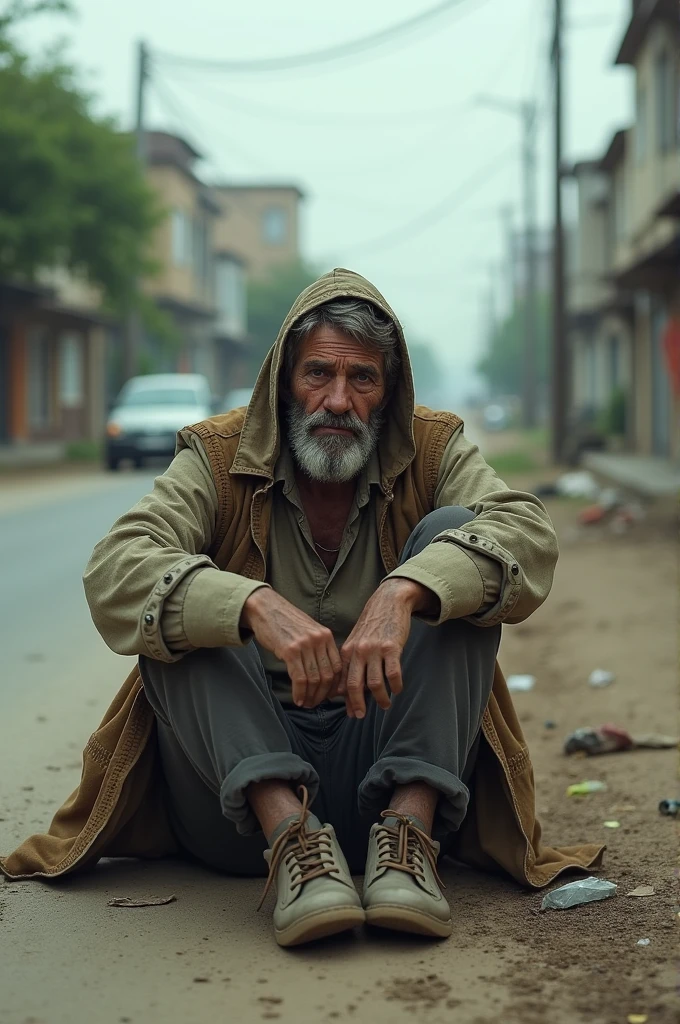 A homeless man sitting the road