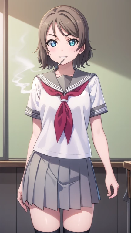 youwatanabe, you watanabe, short hair, Blue eyes, brown hair, smile, grin,
BREAK skirt, school uniform, short sleeves, pleated skirt, serafuku, socks, neckerchief, kneehighs, black socks, (Red neckerchief:1.2), grey skirt, uranohoshi school uniform,
BREAK indoors, classroom,
BREAK looking at viewer, (cowboy shot:1.5),
BREAK (masterpiece:1.2), best quality, high resolution, unity 8k wallpaper, (illustration:0.8), (beautiful detailed eyes:1.6), extremely detailed face, perfect lighting, extremely detailed CG, (perfect hands, perfect anatomy),(smoking:1.5)、One cigarette、Cigarette smoke、Sulky look、Glaring at me