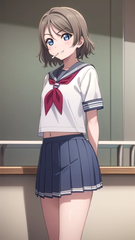 youwatanabe, you watanabe, short hair, Blue eyes, brown hair, smile, grin,
BREAK skirt, school uniform, short sleeves, pleated skirt, serafuku, socks, neckerchief, kneehighs, black socks, (Red neckerchief:1.2), grey skirt, uranohoshi school uniform,
BREAK indoors, classroom,
BREAK looking at viewer, (cowboy shot:1.5),
BREAK (masterpiece:1.2), best quality, high resolution, unity 8k wallpaper, (illustration:0.8), (beautiful detailed eyes:1.6), extremely detailed face, perfect lighting, extremely detailed CG, (perfect hands, perfect anatomy),(smoking:1.5)、One cigarette、Cigarette smoke、Sulky look、Glaring at me
