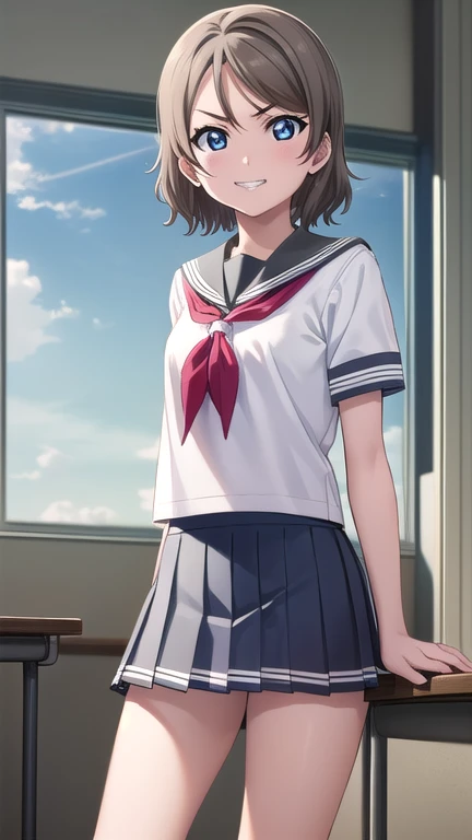 youwatanabe, you watanabe, short hair, Blue eyes, brown hair, smile, grin,
BREAK skirt, school uniform, short sleeves, pleated skirt, serafuku, socks, neckerchief, kneehighs, black socks, (Red neckerchief:1.2), grey skirt, uranohoshi school uniform,
BREAK indoors, classroom,
BREAK looking at viewer, (cowboy shot:1.5),
BREAK (masterpiece:1.2), best quality, high resolution, unity 8k wallpaper, (illustration:0.8), (beautiful detailed eyes:1.6), extremely detailed face, perfect lighting, extremely detailed CG, (perfect hands, perfect anatomy),(smoking:1.5)、One cigarette、Cigarette smoke、Sulky look、Glaring at me