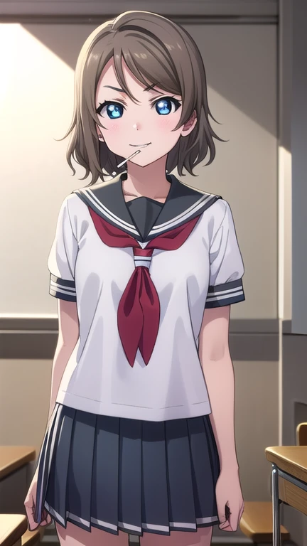 youwatanabe, you watanabe, short hair, Blue eyes, brown hair, smile, grin,
BREAK skirt, school uniform, short sleeves, pleated skirt, serafuku, socks, neckerchief, kneehighs, black socks, (Red neckerchief:1.2), grey skirt, uranohoshi school uniform,
BREAK indoors, classroom,
BREAK looking at viewer, (cowboy shot:1.5),
BREAK (masterpiece:1.2), best quality, high resolution, unity 8k wallpaper, (illustration:0.8), (beautiful detailed eyes:1.6), extremely detailed face, perfect lighting, extremely detailed CG, (perfect hands, perfect ???????),(smoking:1.5)、One cigarette、Cigarette smoke、Sulky look、Glaring at me