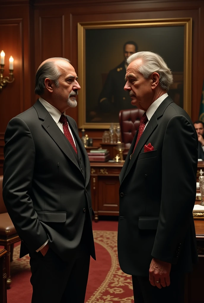 two senior men talking to each other on a beautifull office in the godfather style
