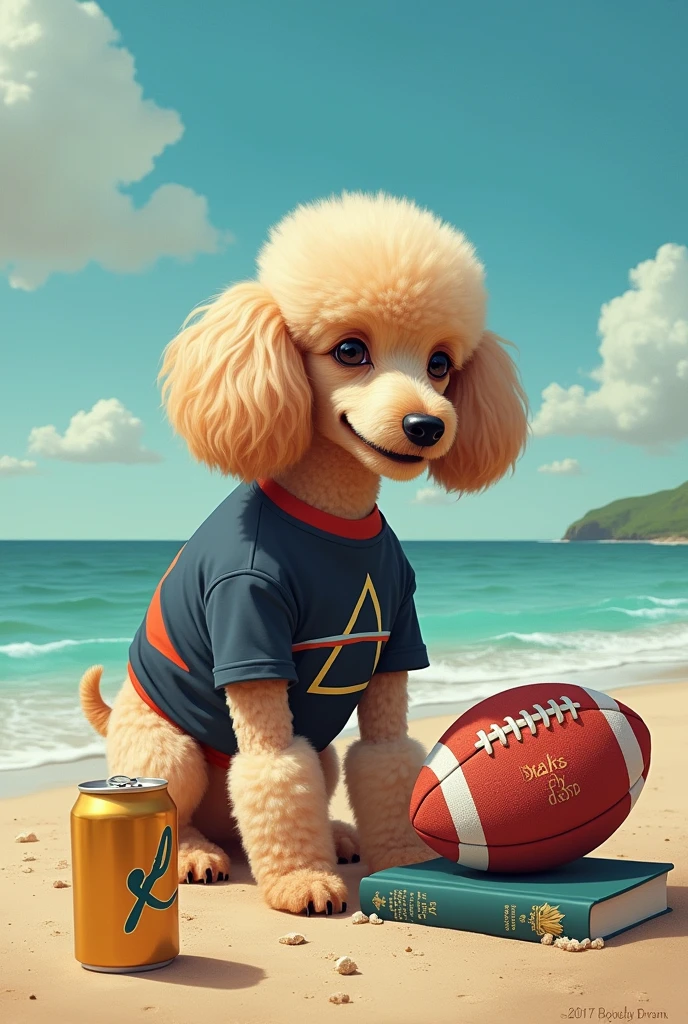 Image of a poodle dog on the beach wearing a Pink Floyd t-shirt playing with a rugby ball and a beer on the sides with a book by Sigmund Freud