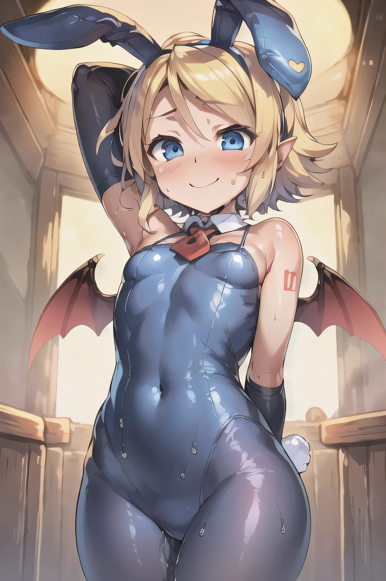(((masterpiece))), ((Highest quality)), (Very detailed), ((High resolution)), ((8k)), ((Anatomically correct)), A very cute person, Baby Face, (Young face), (Small breasts), (Kagamine Rin), Short Hair, Blonde, Letting down your bangs, (Short), (Petite), Charming smile, Light blue eyes, Best moment, Delicate arms, Detailed skin texture, Intricate details, Very detailedな顔, Beautiful thighs, Beautiful curves, (Sweating), ((Bunny Suit)), ((With devil's wings on my back)), Looking up, Under the night's canopy, Love your audience, (heart), The whole body is visible, (Love juice), You're inviting your audience,