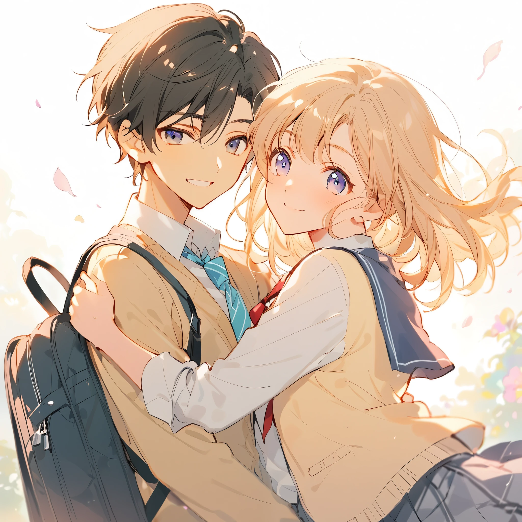 (Male and female couple), ((Middle school students, school uniform)), Embrace each other, smile