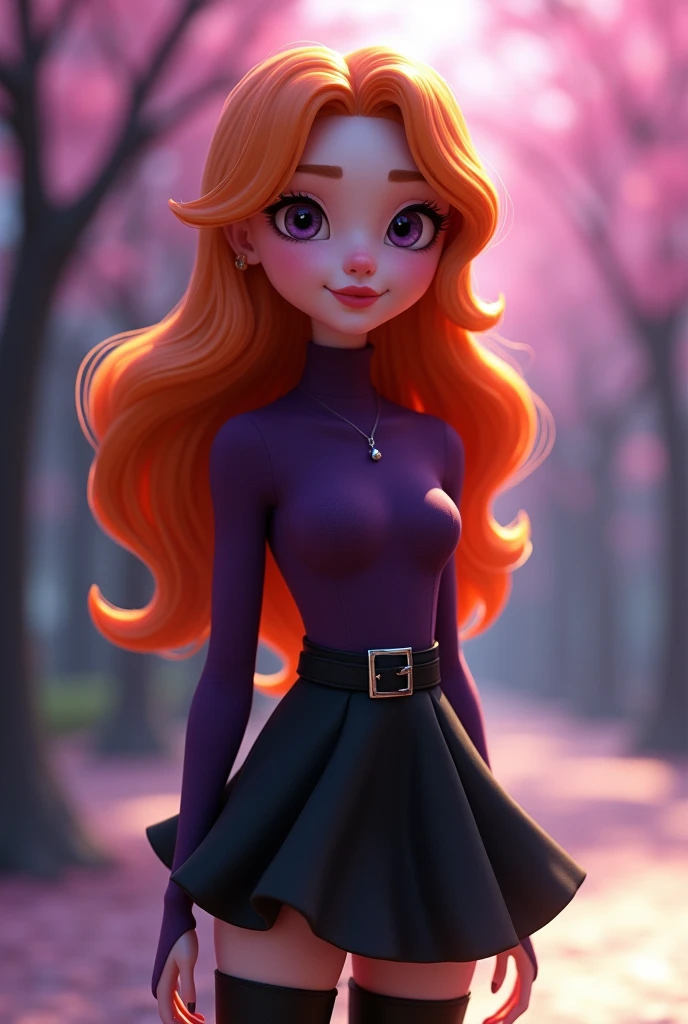 A very beautiful fifteen-year-old girl with snow-white skin, She has long, wavy, bright light orange hair that is usually styled half up with two strands falling down her beautiful face.,She has almond-shaped eyes, a light lilac purple color., her face is heart-shaped and she has a small nose and salmon pink lips, He's wearing a stylish, dark purple, long-sleeved turtleneck shirt., She has a black dress skirt that comes just above her knee, around which she wears a black leather belt to make her outfit more glamorous, She's wearing tall black boots that reach her knees. ((3D style)) ((Reference Miraculos ladybug))