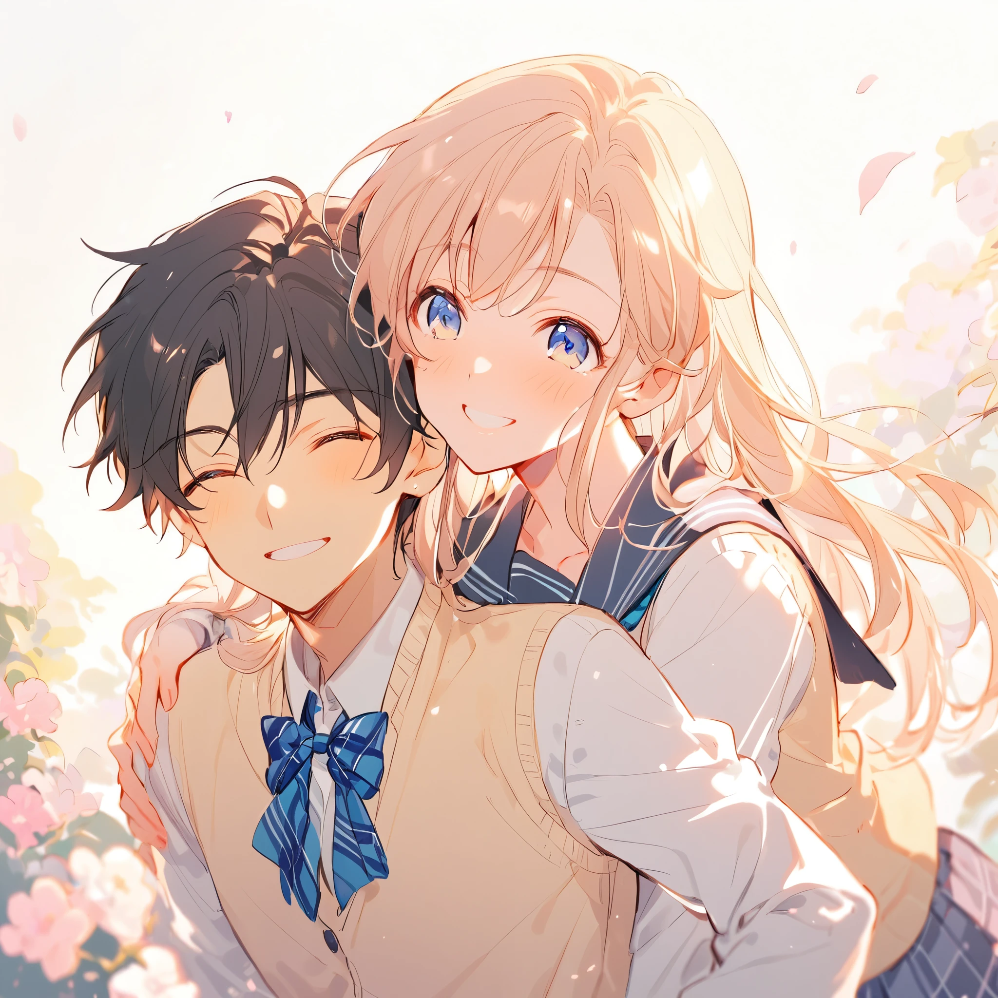 (Male and female couple), ((Middle school students, school uniform)), Embrace each other, smile