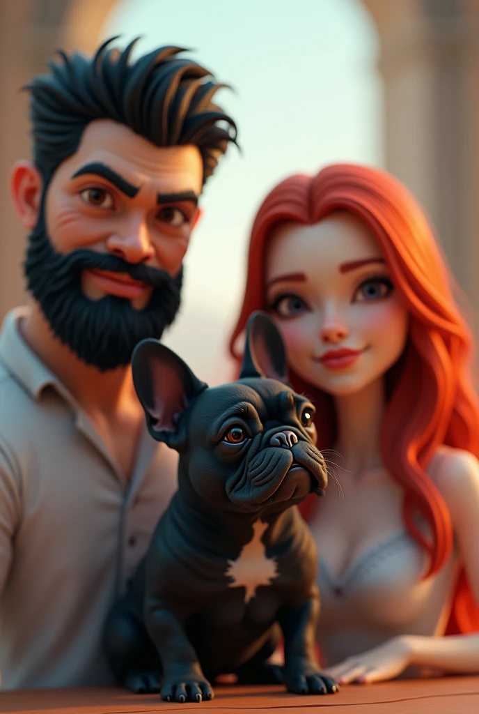 Black French Bulldog with a white-skinned male with a beard and black hair. White female person with straight red hair 
 

