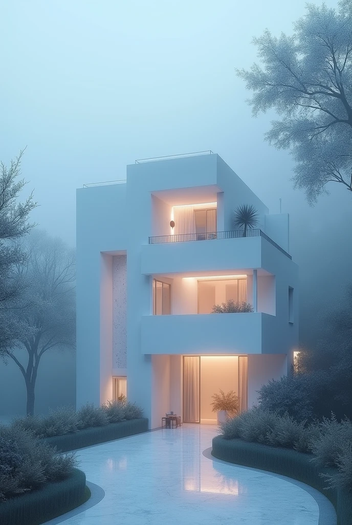 a white dreamy townhouse, foggy, soft focus, cool lighting, muted pastel colors, glowing atmosphere, dramatic shadows, cinematic composition, dream-like quality, ethereal, romantic, soft focus photography, blue hour, midnight, windy, silver white marble, whimsical, hazy, ethereal, hazy