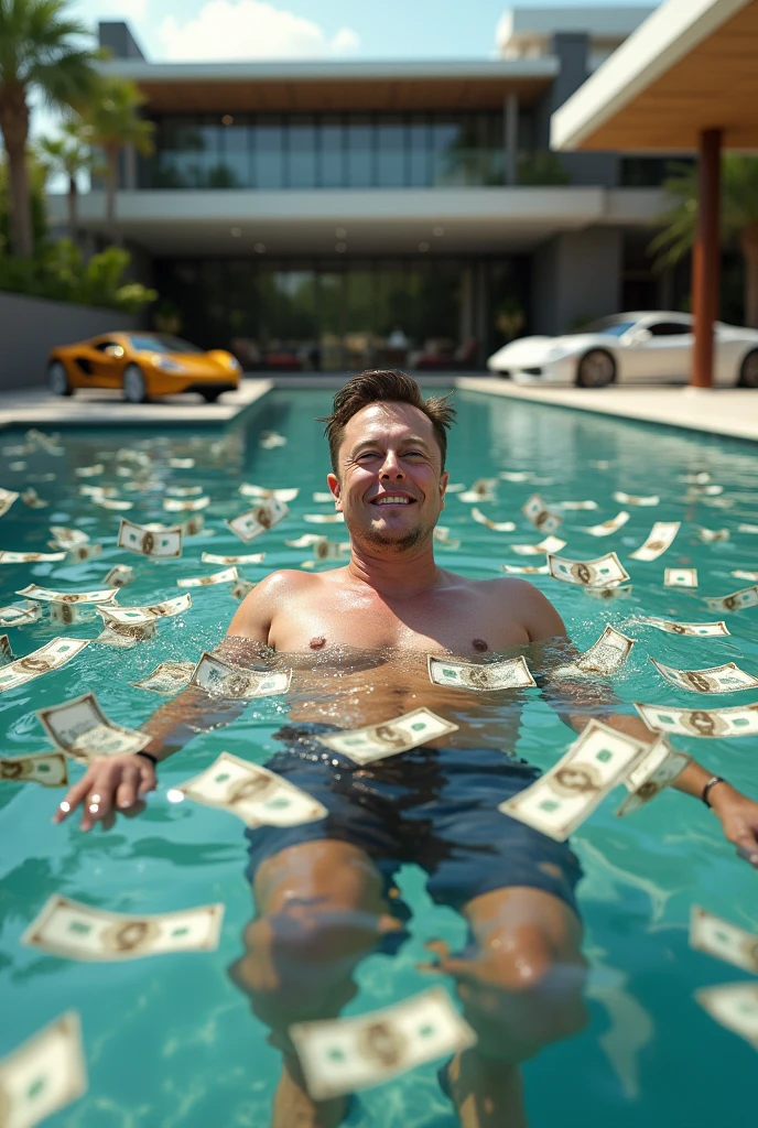 Elon Musk swimming in pool with lots of money