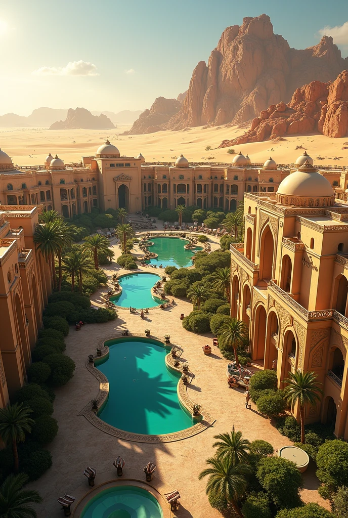 So big desert traditional resort with so many villas in it and also a lobby area in the center of the resort and also a gaming hall in side the resort 