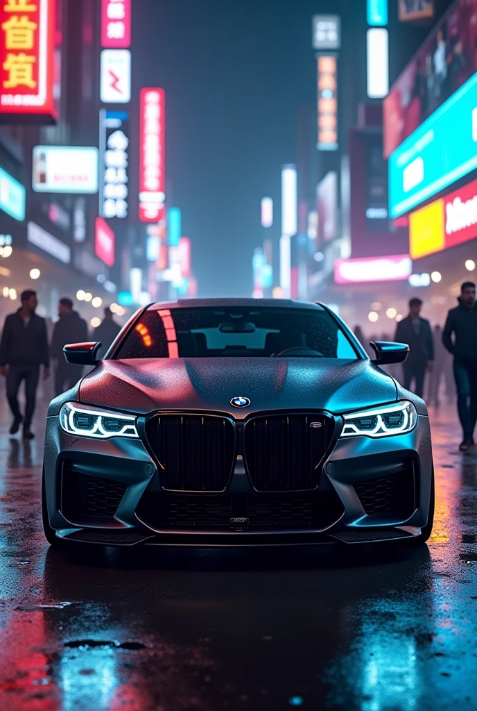 Matte black bmw m5 cs with neon ounk city walking around people with floor reflactive and shiny front view