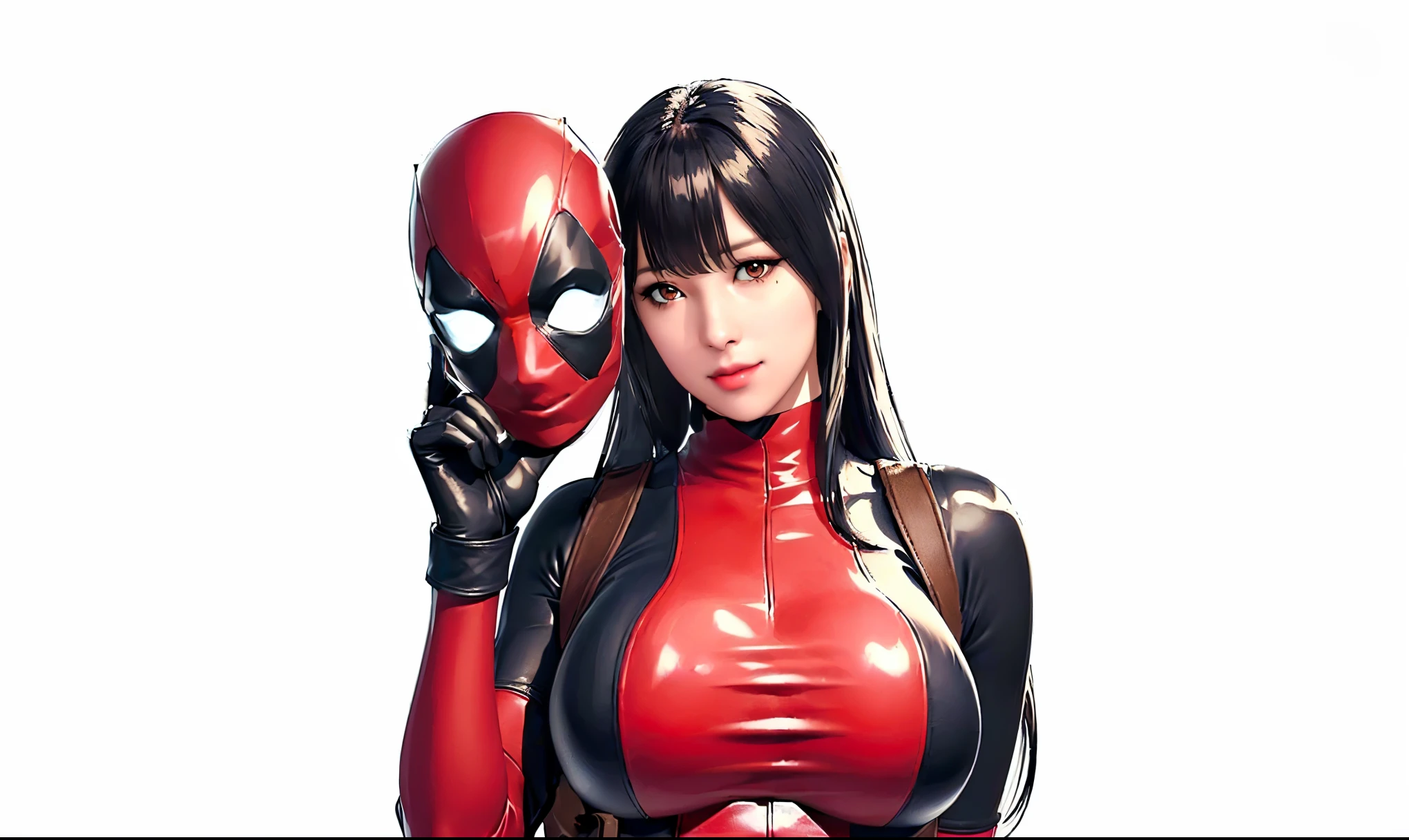 (（（Perfect body,White and tender skin,（（（BodySuit_lady_deadpool_ownwaifu，bodysuit, skin tight, superhero, Belt Pouch, utility belt, red bodysuit, gloves, weapon on back, thigh pouch, thigh strap, thigh holster, belt buckle, turtleneck, ）））,（（（ailisha，Black long hair, super long hair, slanted bangs, brown eyes, red lips））），((masterpiece)),high resolution, ((Best quality at best)),masterpiece,quality,Best quality,（（（ Exquisite facial features,Looking at the audience,There is light in the eyes,Smile））），heart hands，own hands together）））,（（（Light and shadow,Huge breasts，）））,（（（Looking at the camera,White background,)））)