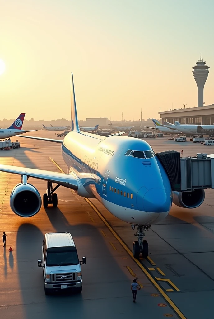 Create a photo of a plane on the ground with the company name “Celestial”