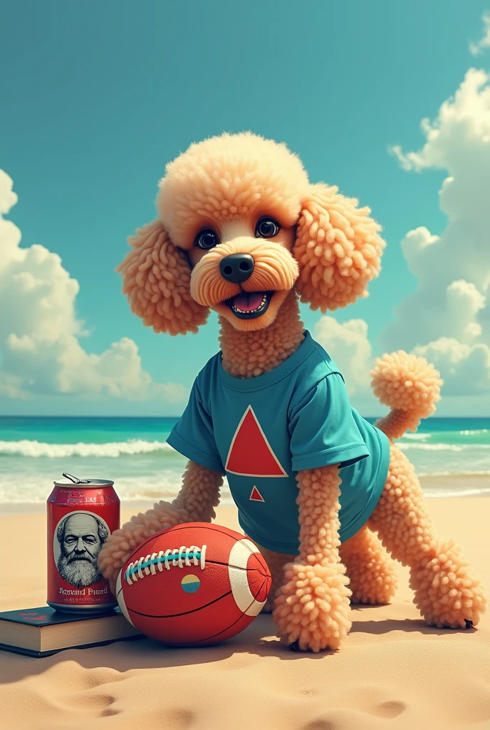 Image of a poodle dog on the beach wearing a Pink Floyd t-shirt playing with a rugby ball and a beer on the sides with a book by Sigmund Freud