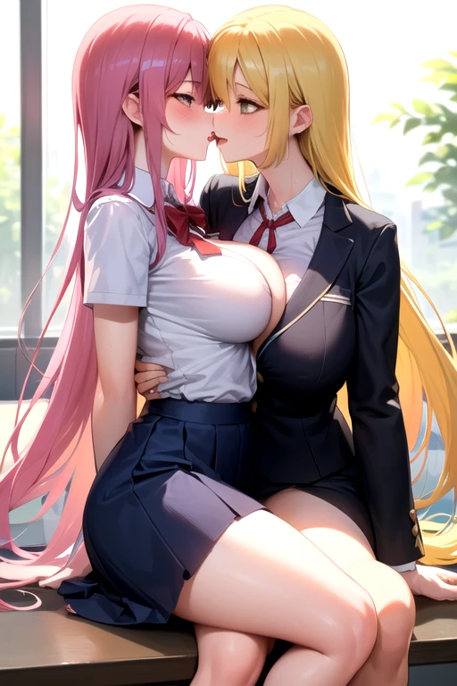 Lesbian (very long loose yellow hair)(big breasts, big thighs)(with school uniform clothes it is very tight) that he is kissing and touching his parts at school with his girlfriend(that they are in a very sexy and compromising position with their girlfriend(big breasts, big thighs)lesbian love