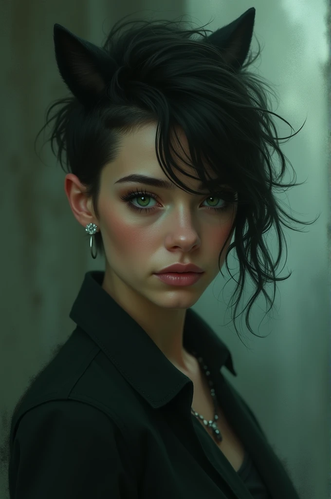 A green eyed brunette with a wolf cut