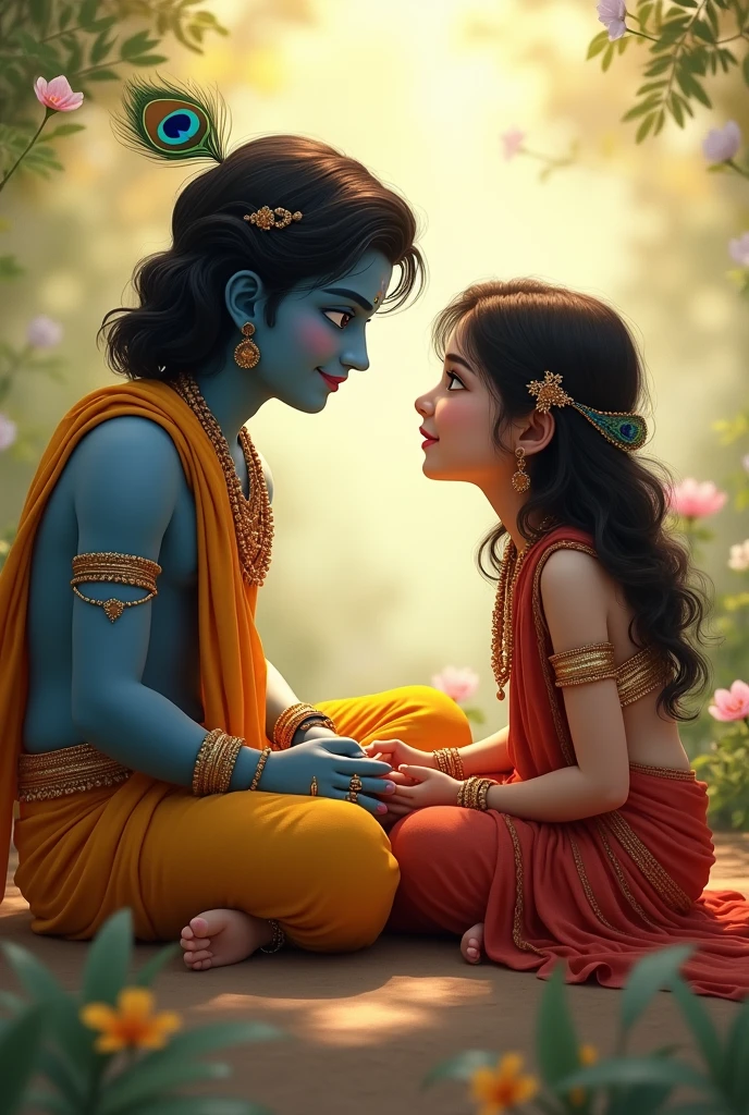 Create a serene image of  Radha and Krishna, both around , in a peaceful, natural setting. Krishna, with dark blue skin, is sitting nearby, dressed in a simple yellow cloth with a small peacock feather in his hair, looking at Radha with eyes full of love and affection. Radha, with fair skin, is dressed in a tiny red and gold dress, gazing off into the distance, seemingly lost in thought. The scene should capture the innocence and deep bond between them, with Krishna's loving gaze being the focal point. The background should be soft, with gentle hints of greenery and flowers, creating a tranquil and beautiful atmosphere."