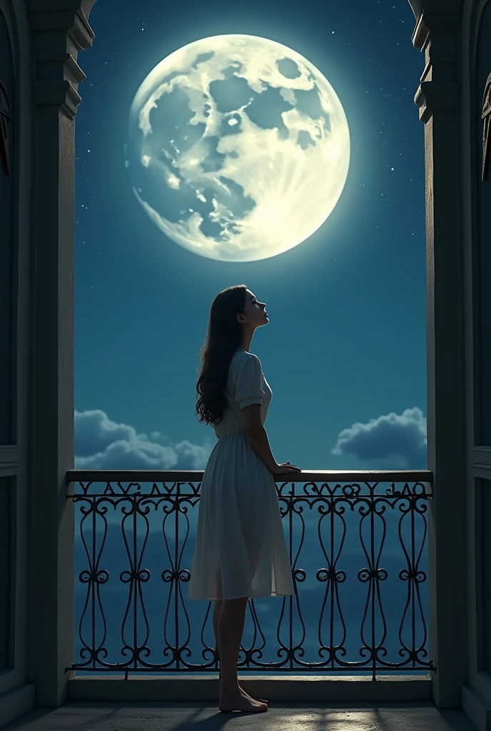 (photorealism:1.2), a realistic girl standing in balcony at night and watching a full moon