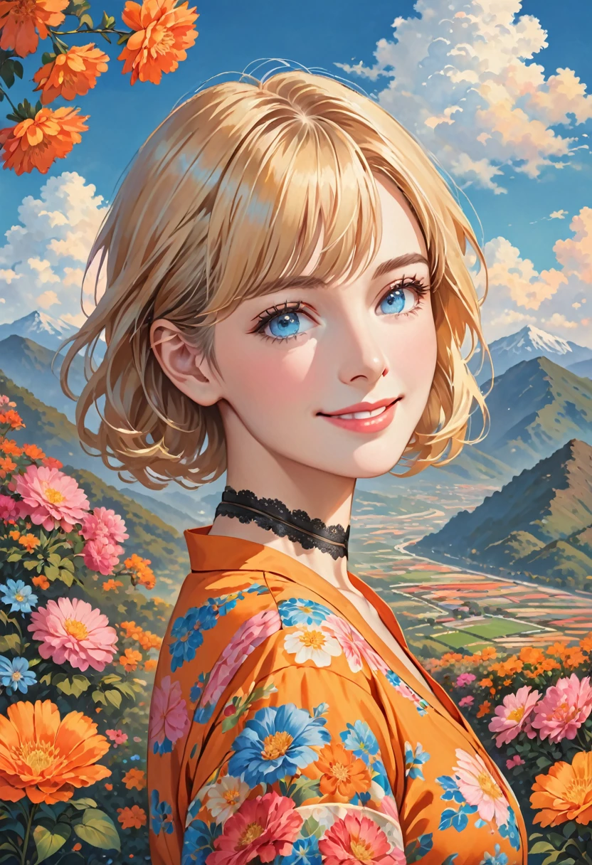 (realistic,painting_style,)mature, 1girl, solo, amelia watson, virtual youtuber,blonde hair, blue eyes, choker, flower, short hair, realistic eyes, head tilt, smug, looking_at_viewer, sky, mountain, outdoors, cloud, bangs, upper body, pink flower, collarbone, orange shirt, parted lips, lips, lace trim, smile, black choker, mountainous horizon, cloudy sky, standing, holding_flowers