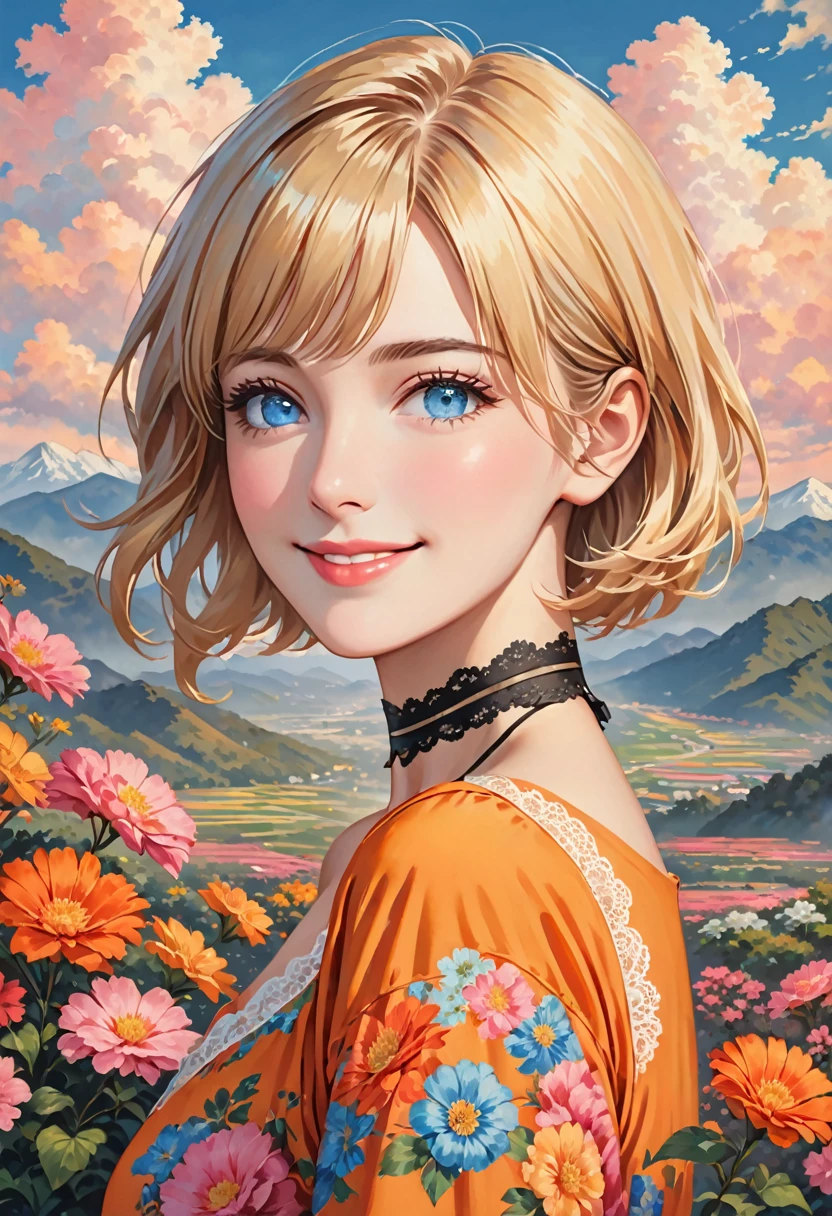 (realistic,painting_style,)mature, 1girl, solo, amelia watson, virtual youtuber,blonde hair, blue eyes, choker, flower, short hair, realistic eyes, head tilt, smug, looking_at_viewer, sky, mountain, outdoors, cloud, bangs, upper body, pink flower, collarbone, orange shirt, parted lips, lips, lace trim, smile, black choker, mountainous horizon, cloudy sky, standing, holding_flowers